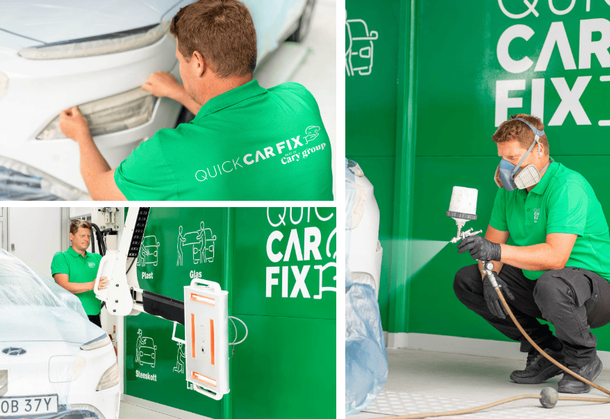 En man i grön skjorta målar en bil.